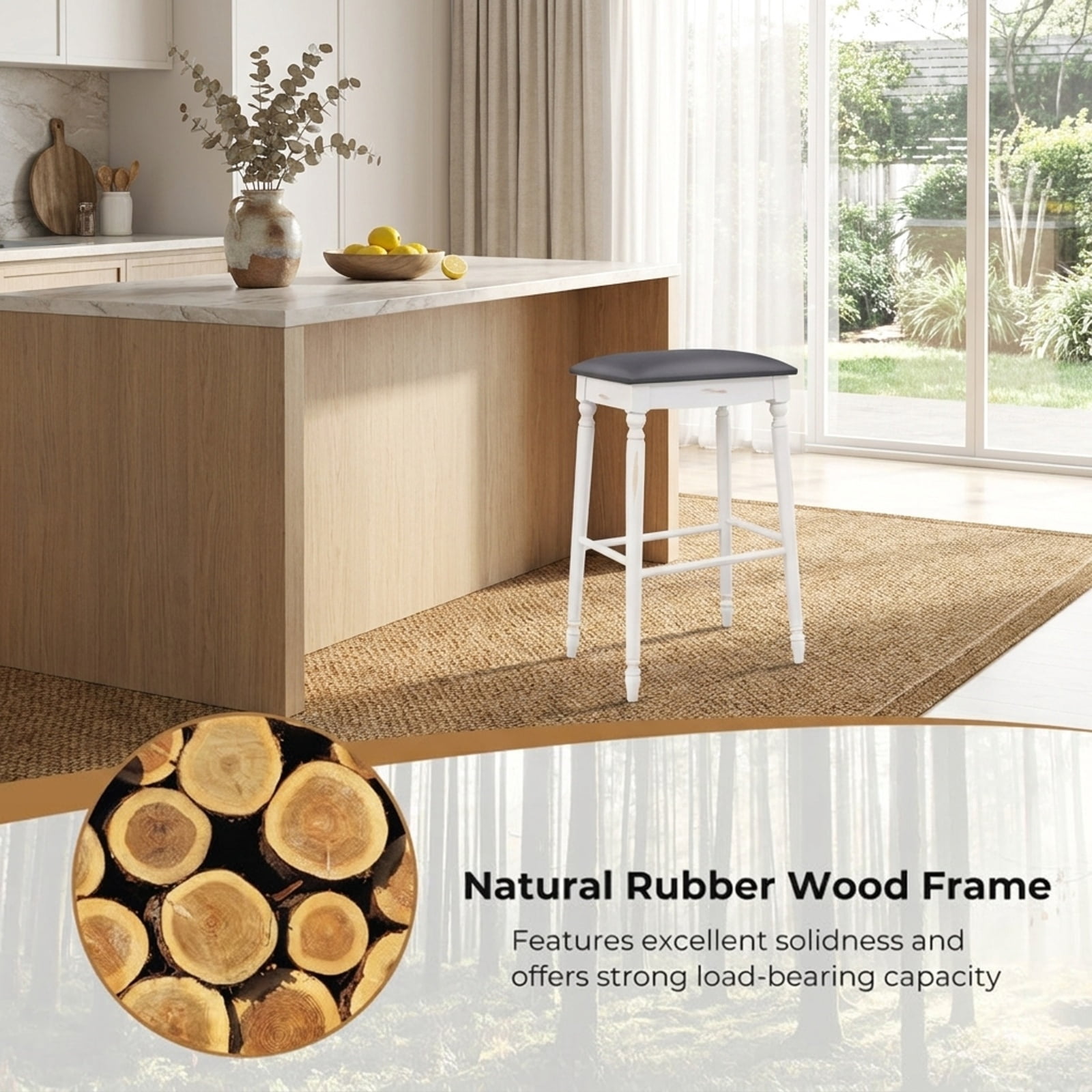 Furnibear 29 Inch Bar Stool Set of 2 with Padded Seat Cushions and Wood Legs-29 inches for Kitchen Island Counter Bar Pub Dining Home, White