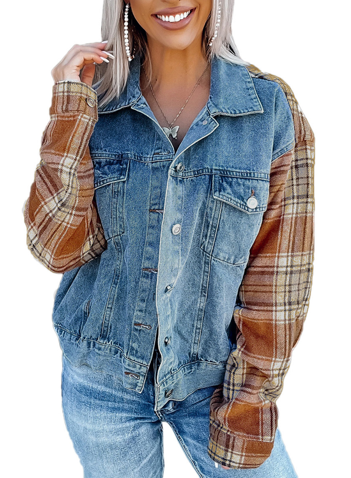 Asvivid Women's Blue Plaid Sleeves Denim Jacket Button Down Long Sleeve