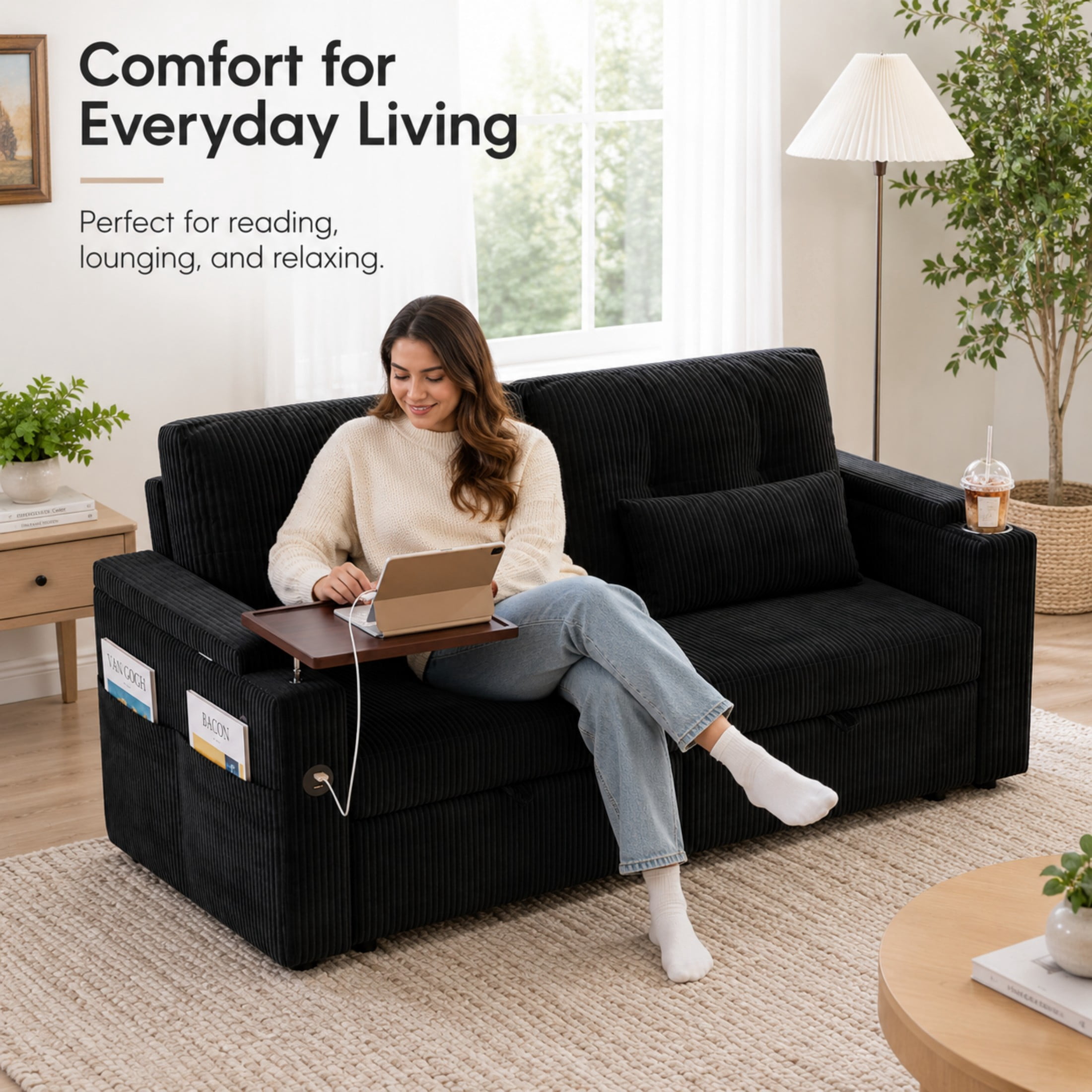 Aenkyo 73" Pull Out Sofa Bed, 3-in-1 Queen Sleeper Sofa with USB, Cup Holders and Storage, Black