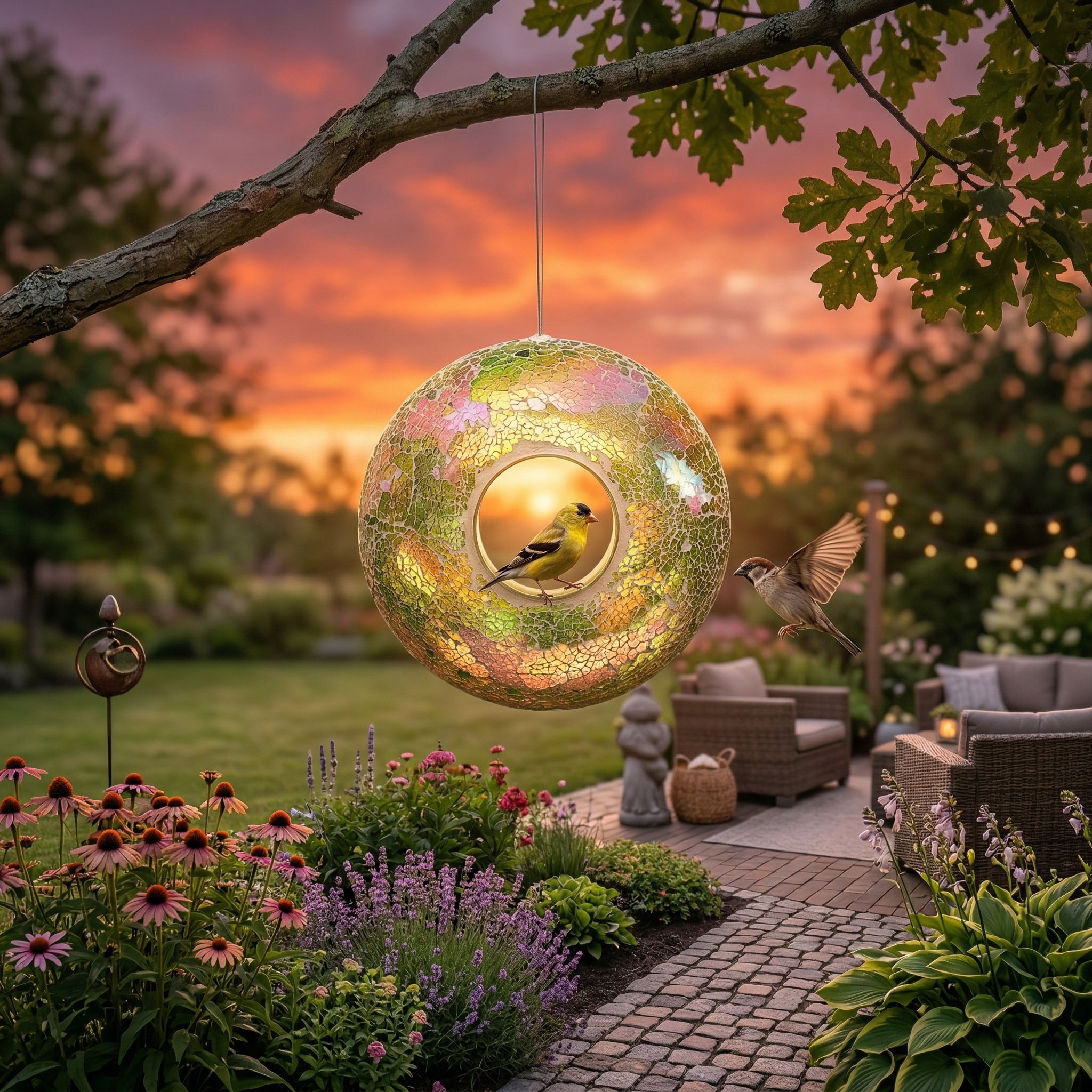 Topadorn Iridescent Mosaic Glass Hanging Bird Feeder, 9 Inch Fly-Through Design for Cardinals, Finches & Wild Birds, Green & Pink Tones, Garden Yard Decoration