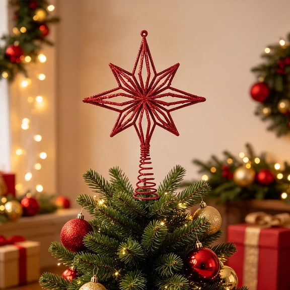 Glitter Christmas Tree Topper, Hollow Design, Shiny Snowflake Stars Holiday Tree Toppers, Christmas Decorations Indoor for Winter Xmas Trees Wedding Tabletop Ornaments, Red