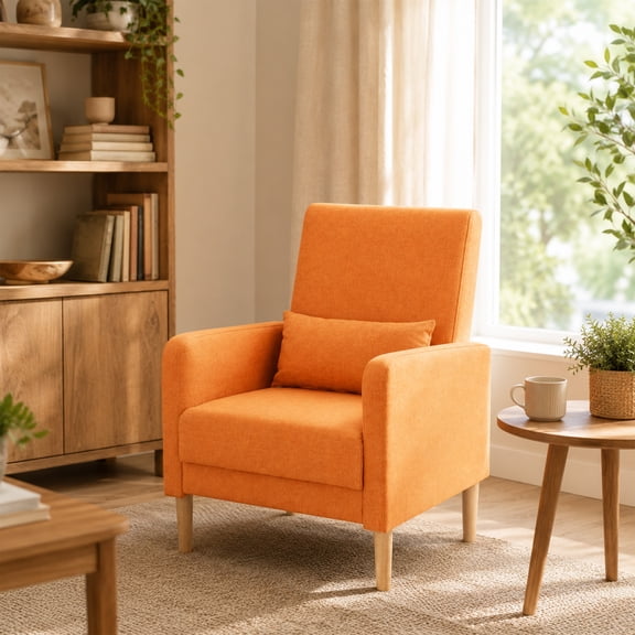 26.5 Inch Modern Upholstered Accent Chair Small Armchair With Pillow, Fabric Reading Living Room Side Chair For Bedroom,single Sofa With Lounge Seat And Wood Legs,orange