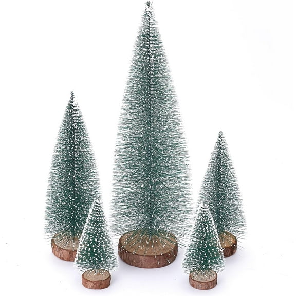 Mini Christmas Tree Set of 5 Bottle Brush Trees Snow Green Wooden Base Artificial Small Pine Tree Xmas Village Table Desk Decor