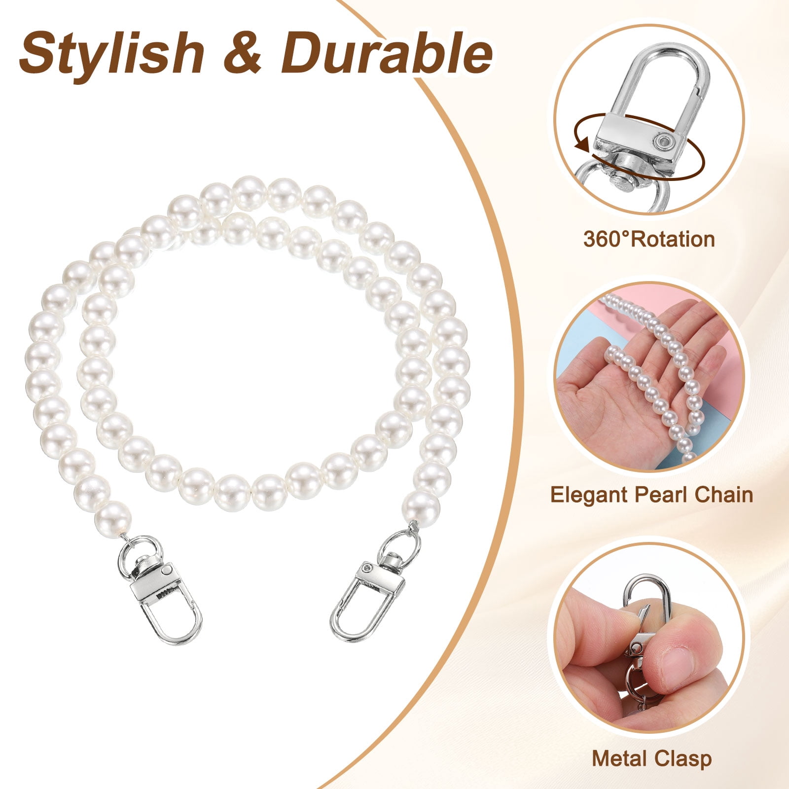 Unique Bargains Imitation Pearl Purse Strap with Swivel Clasp Silver 23.6"