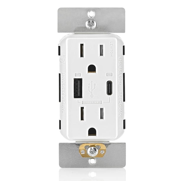 Leviton T5634-W 60W (20V a 2.5A+ 5V a 2A) Cargador USB de Doble Tipo A/Tipo-C para Entrega de energí