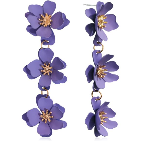 shiyou-Elegant Bohemian Matte Tiered Triple Flower Dangle Drop Earrings Chic Charm Cute Long Floral Stud Earrings for Women Girls Statement Jewelry Gifts