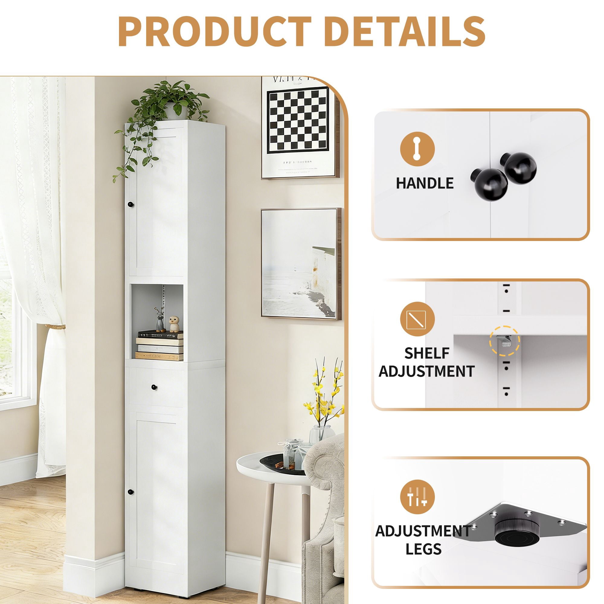 Tall Narrow Storage Cabinet, 5-Tier Metal Freestanding Cabinet with 2 Doors and Adjustable Shelves, 71 in Space-Saving Organizer for Bathroom, Kitchen, Laundry Room, Pantry