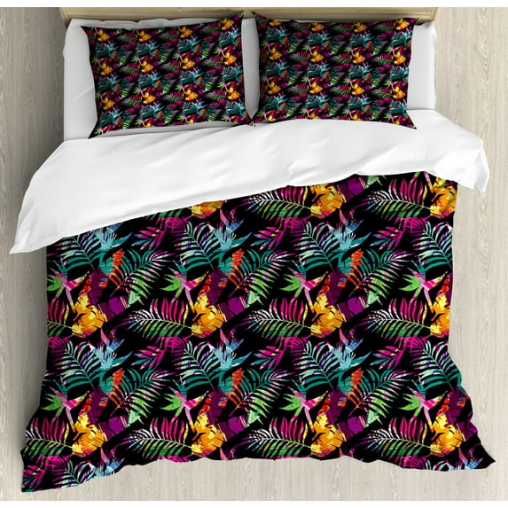 Crazy Duvet Cover Set King Size, Paradise Woodland Composition with Blossoming Flowers and Foliage Leaves Colorful, Decorative 3 Piece Bedding Set with 2 Pillow Shams, Multicolor, by Ambesonne