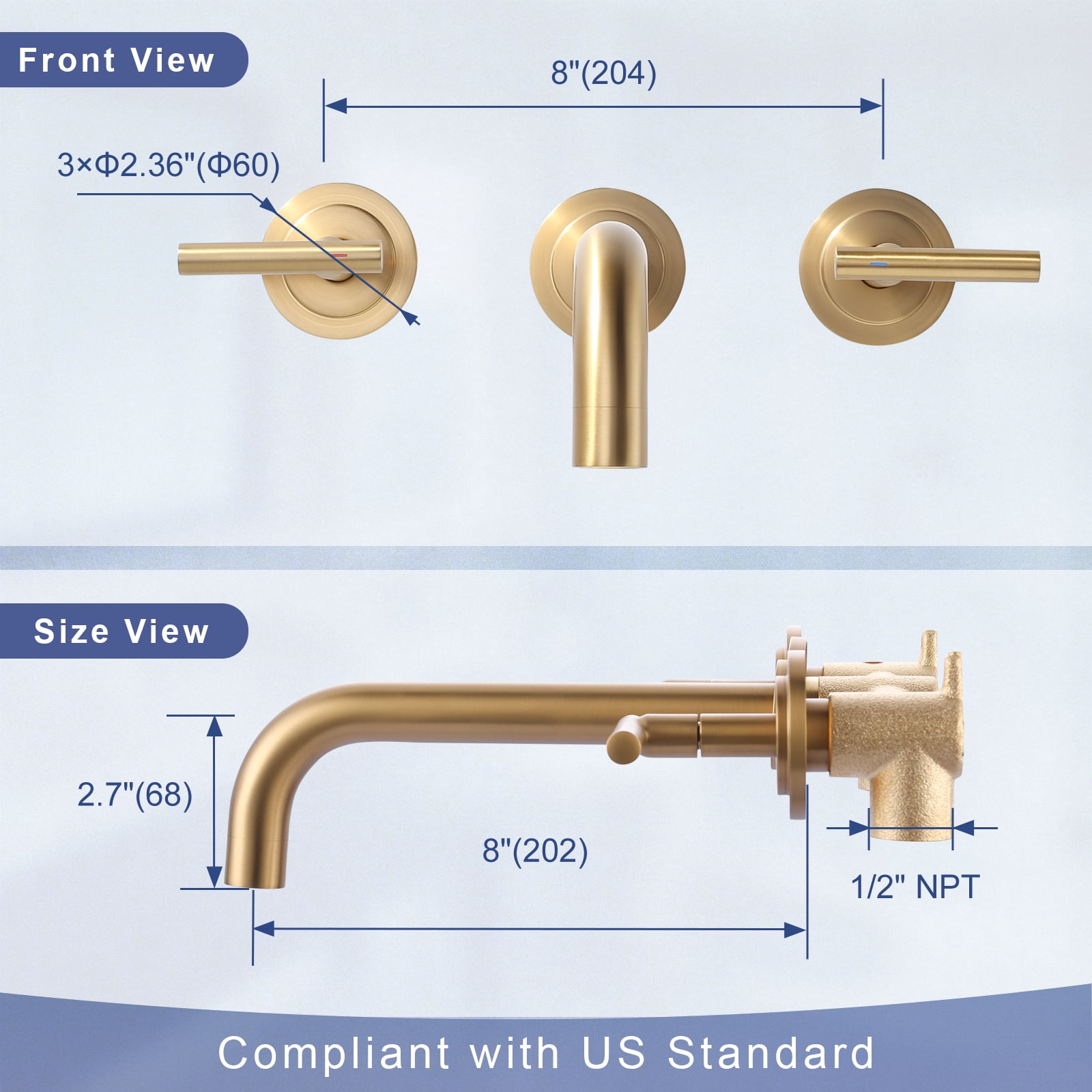 Double Handle Wall Mounted Bathroom Faucet with Rough-in Valve Included in Solid Brass Gold