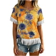 thumbnail image 2 of JTZGDY Vintage Fringed Patchwork Shirts for Women Trendy Summer Short Sleeve Boho Floral Printed Crew Neck Graphic T-Shirts Lightweight Cozy Tassles Tunic Blouse Loose Fit Pullover Tops, 2 of 7