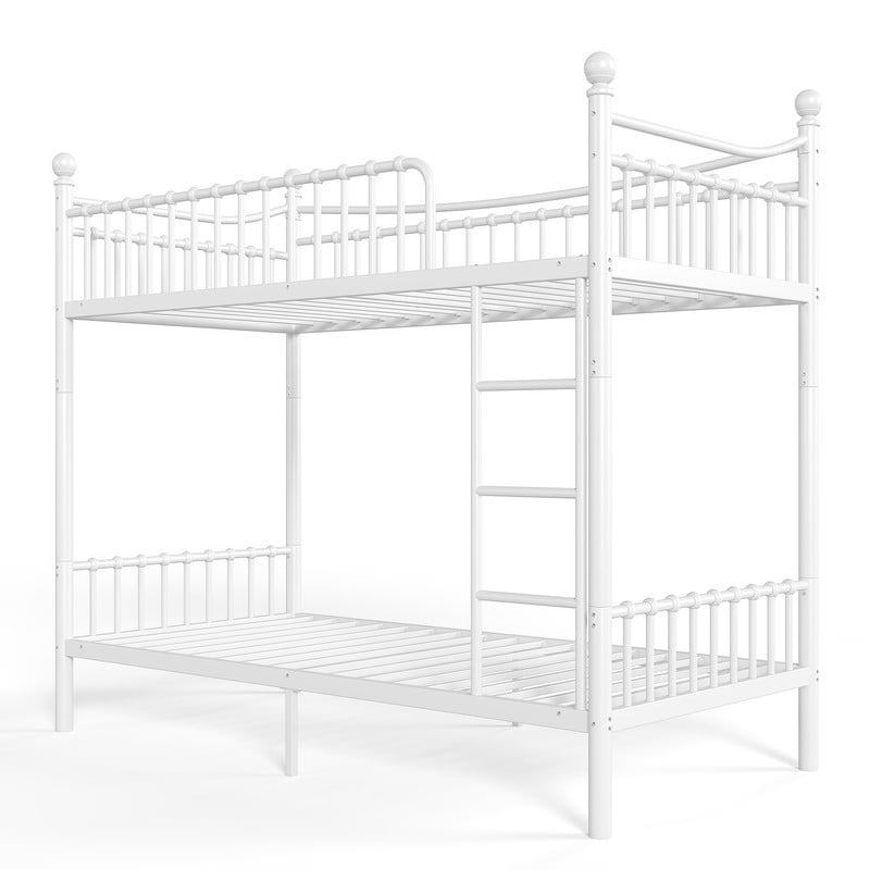 Twin XL over Twin XL Metal Bunk Bed with Curved Guardrail, Round Tube Bedpost Detachable Bed Frame for Kids, Teens & Adults