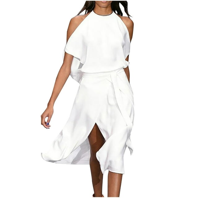 AherBiu Robes d'Été pour Femmes Manches Courtes Fente Enveloppante Ceinture Taille Décontractée Midi
