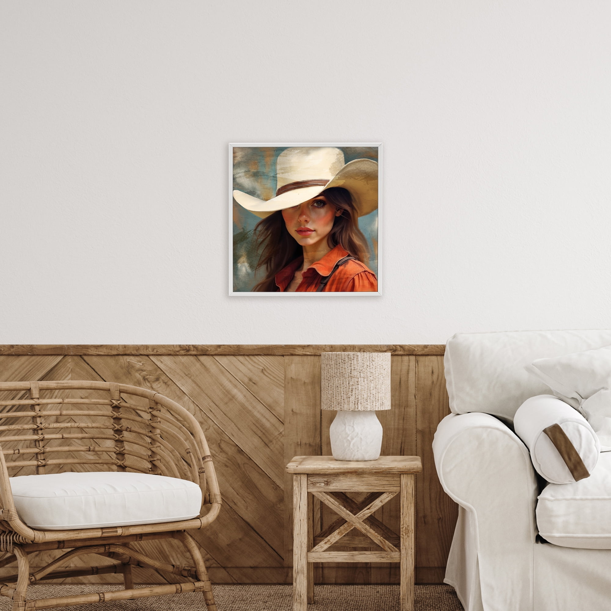 Cowgirl Gaze Beneath Hat White Framed Giclee Art, design by Kim Allen