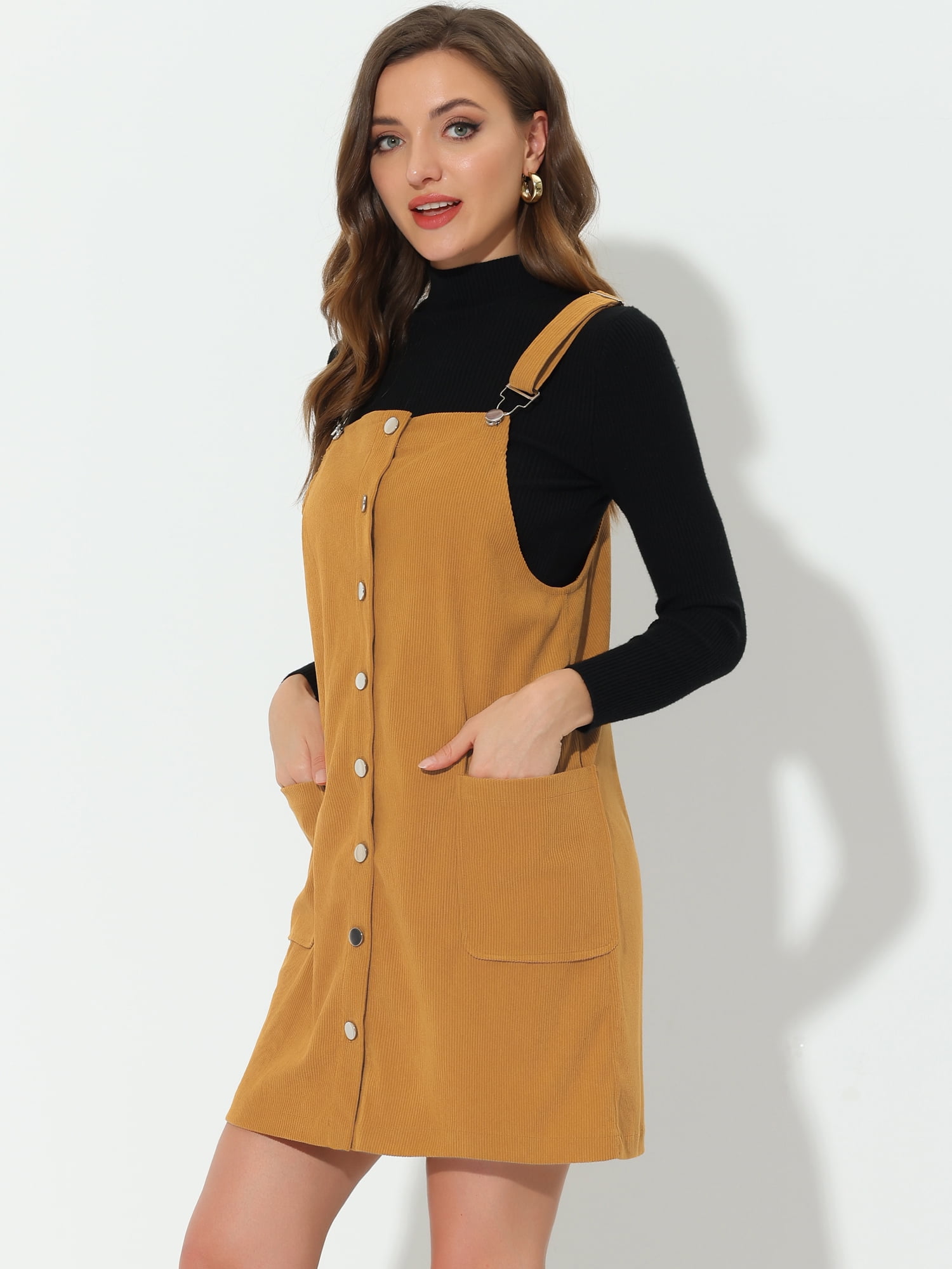 Unique Bargains Women's Corduroy Straps Pinafore Button Decor Overall Dress M Mustard