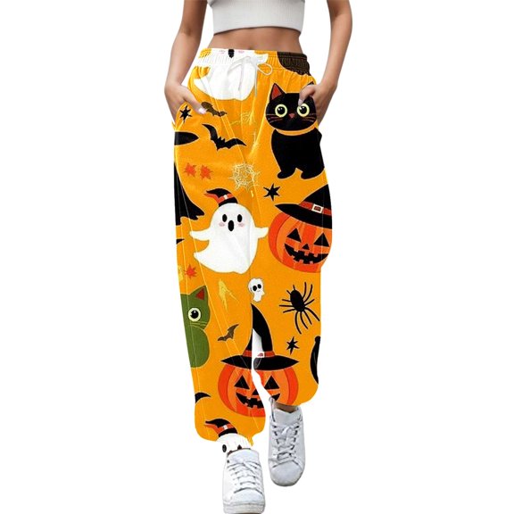 CONZONE Halloween Womens Joggers Baggy High Elastic Waist Drawstring Joggers for Women Wide Leg Hallowmas Printed Fall Winter Sports Pants with Pockets