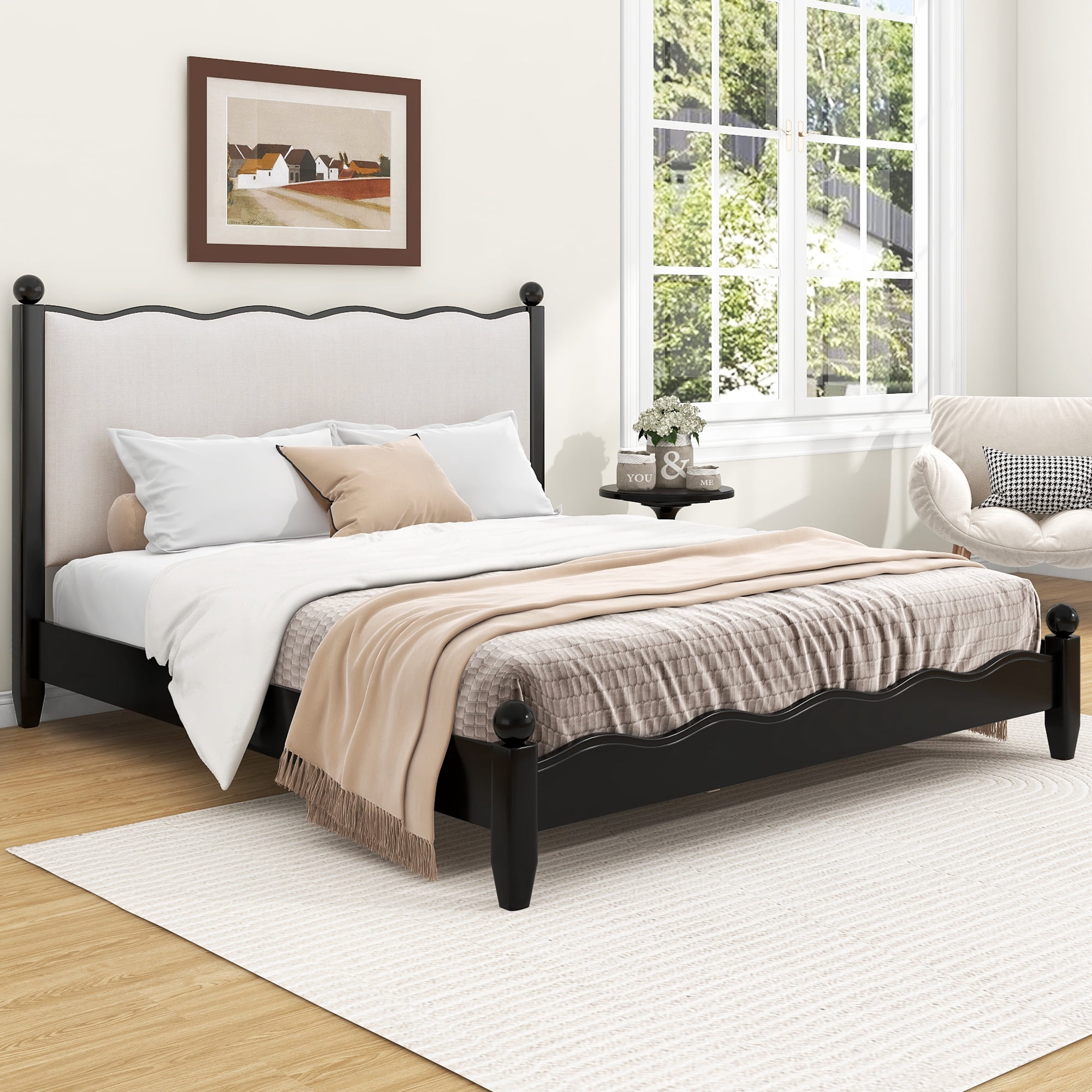 Euroco Wood Queen Size Wood Platform Bed with Upholstery Headboard, Black