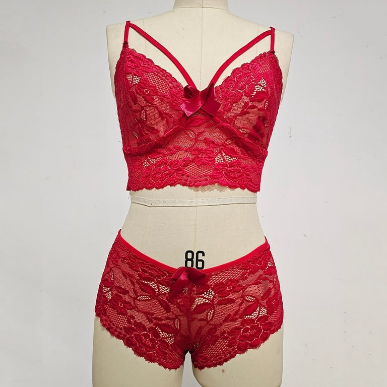 Reheyre Valentine's Day Sexy Lingerie Set - Underwire Bra and Panty with  See-through Lace and Bowknot Design (2 Pcs/Set) 
