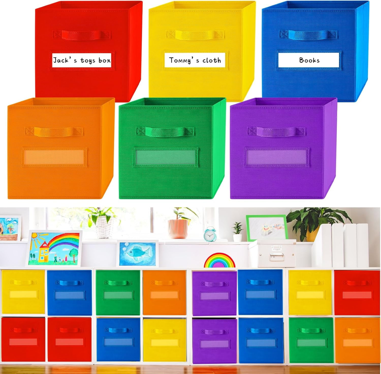 18Pcs Colorful Cube Storage Bin 11in Rainbow Fabric Cube Basket with Label Window and Handle Fun Colored Foldable Storage Cube for Toy Storage Nursery Classroom Living Room (Bright Color)