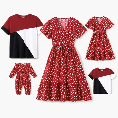 

PatPat Easter Family Matching 95% Cotton Colorblock T-shirts and Allover Heart Print Surplice Neck Short-sleeve Belted Layered Ruffle Hem Dresses