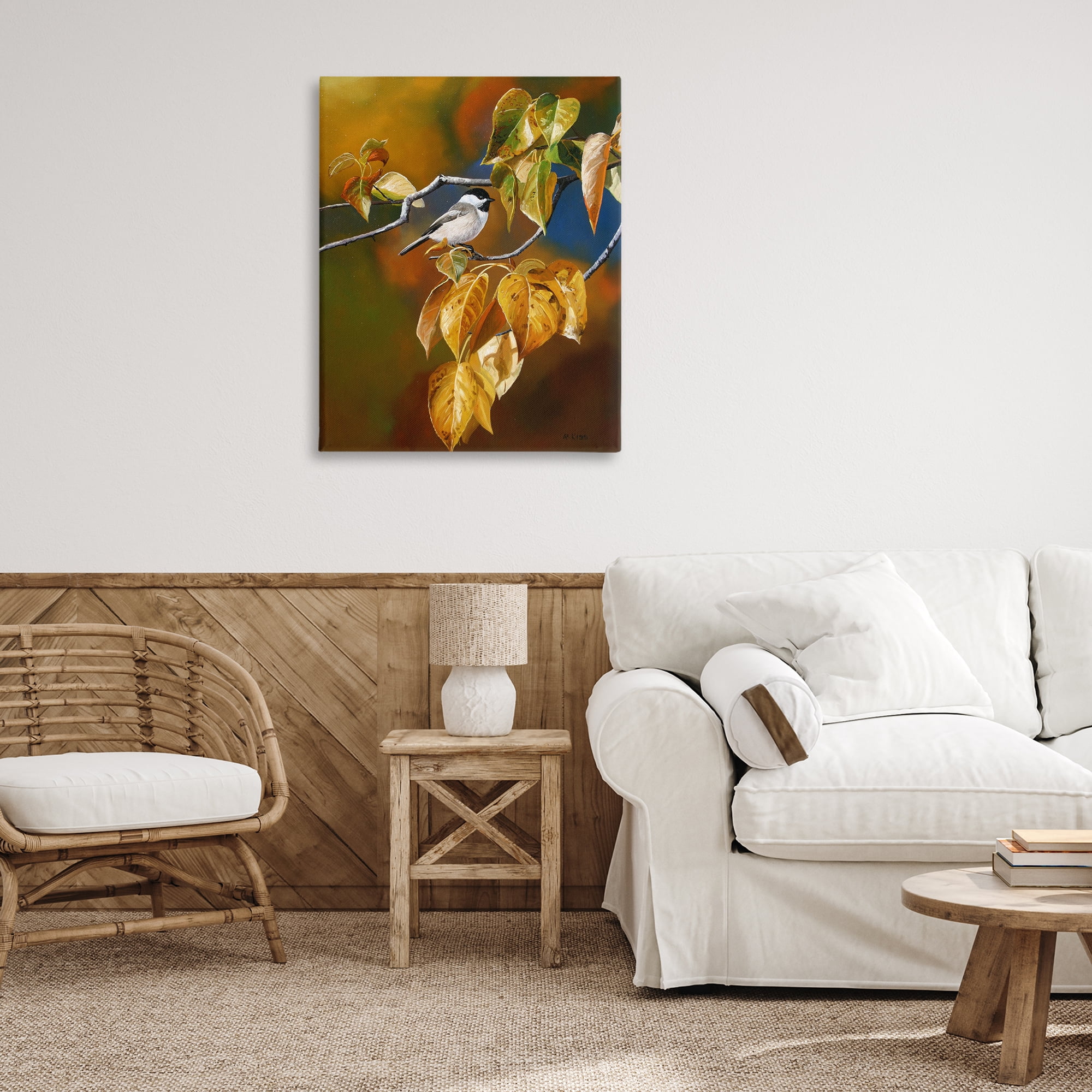 Stupell Industries Chickadee on Branch Animals Painting Wrapped Canvas Art Print Wall Art, 30 x 40