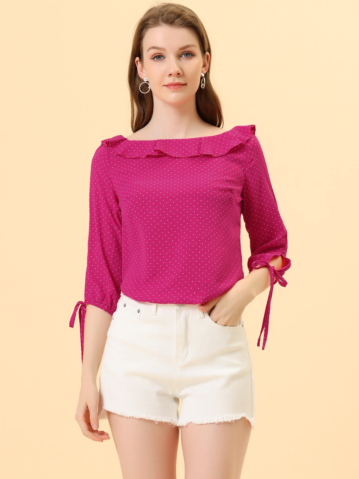 DARING DIVA Polka Dots Ruffled Neck 3/4 Sleeve Blouse Top M Hot Pink