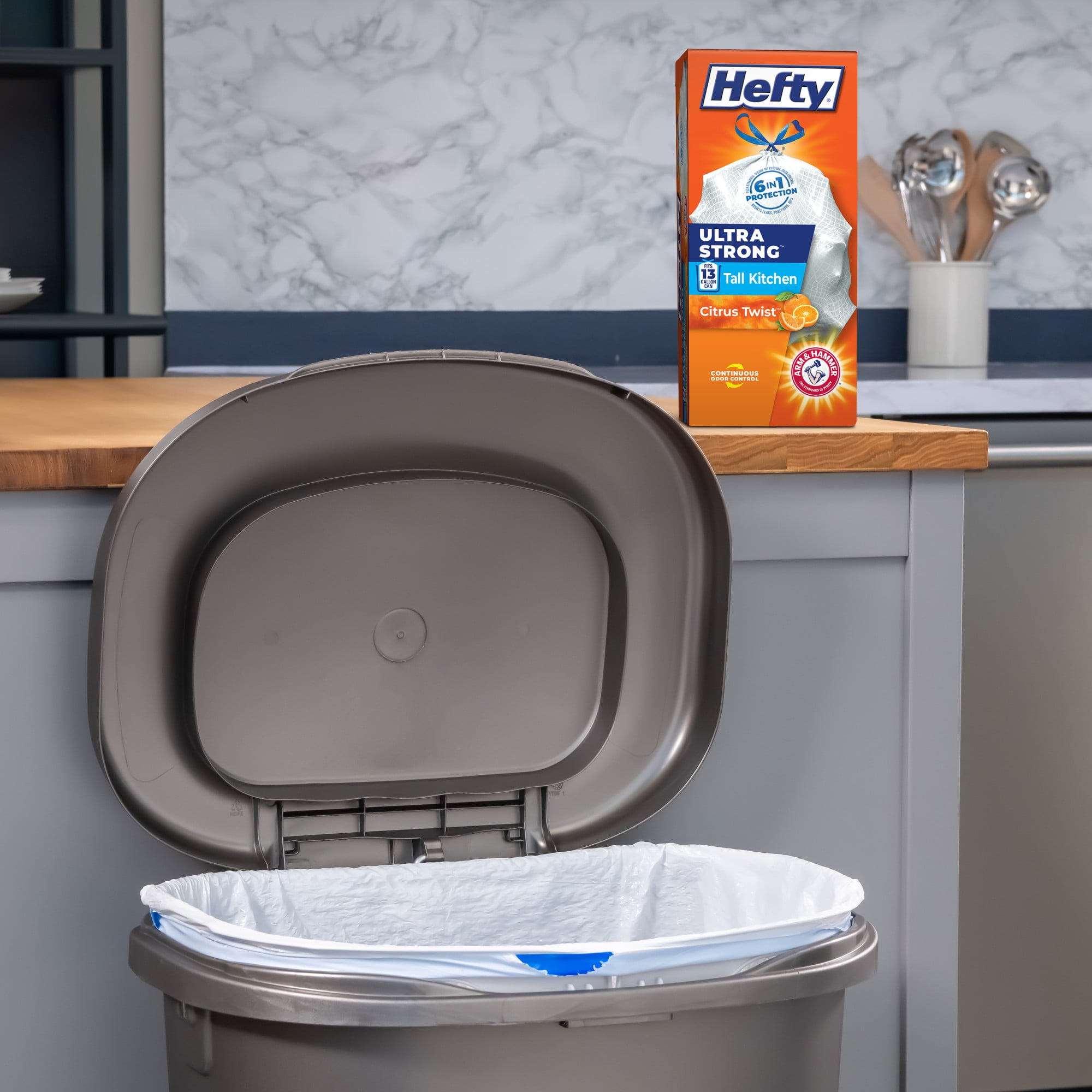 (6 pack) Hefty Ultra Strong 13 Gallon Trash Bags, Tall Kitchen Trash Bags, White, Citrus Twist Scent, 40 Bags