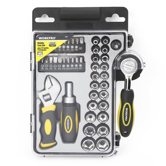 Workpro Stubby Tool Set - 46 Piece,Socket Ratchet Wrench Set,Clear Lid Case