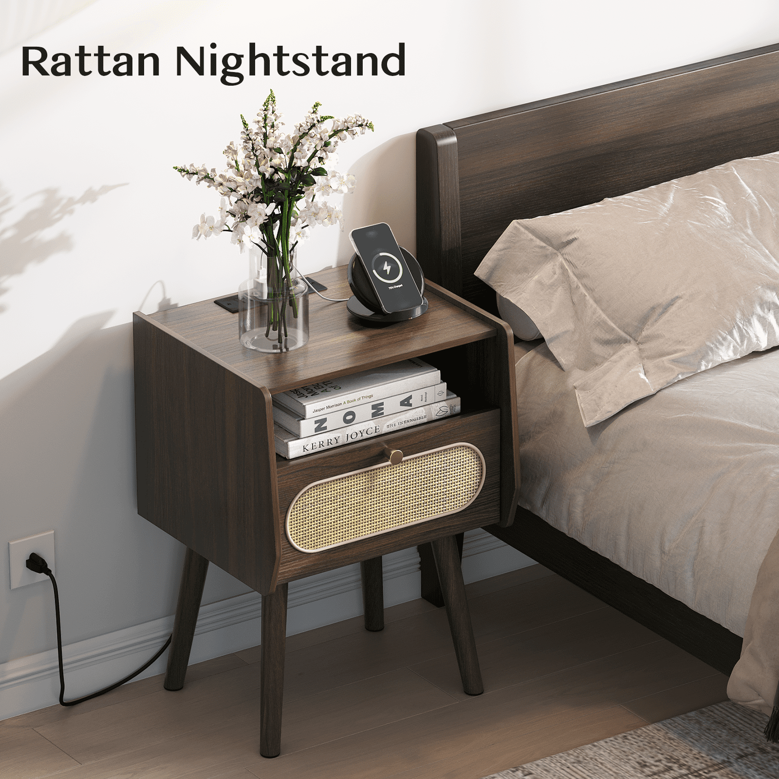 JOINICE Nightstands with Charging Station, Set of 2, Mid-Century Modern End Tables, Dark Walnut