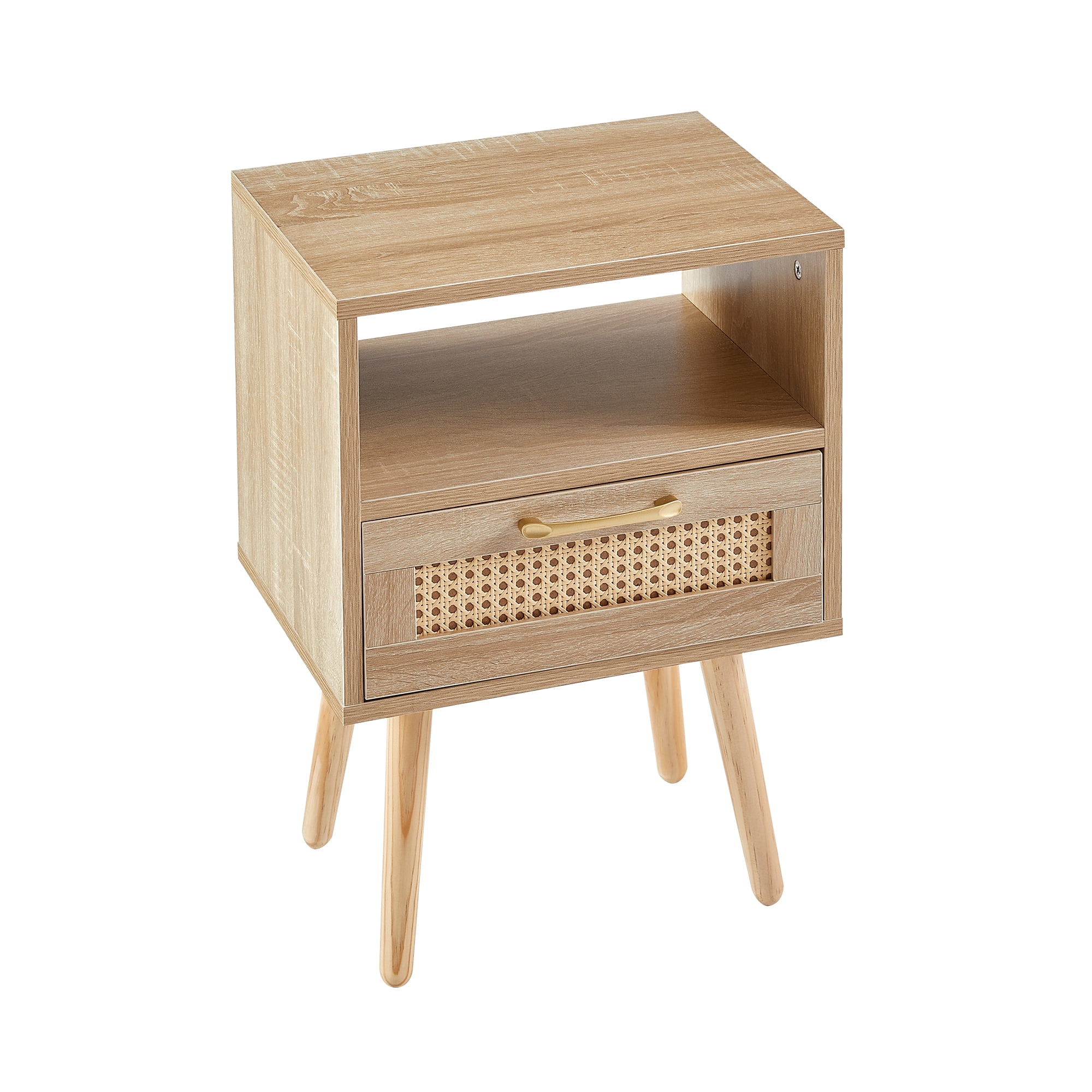 MAYEERTY 15.75" Rattan End Table with Drawer & Solid Wood Legs – Modern Nightstand for Living Room & Bedroom, Natural