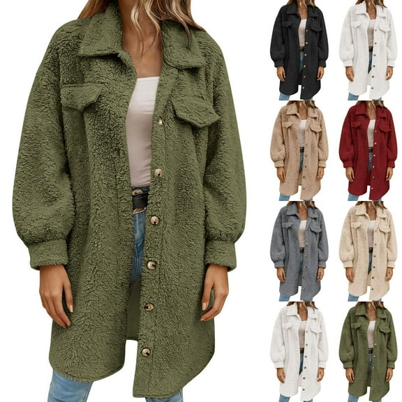 jtjvou Fuzzy Fleece Jackets for Women Fashion Long Sleeve Lapel Button Down Long Teddy Coat Faux Fur Warm Winter Outwear Green L