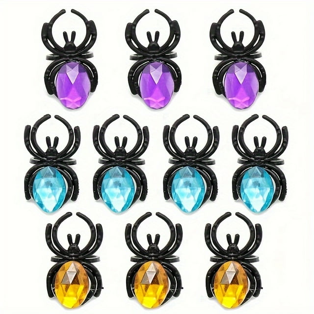 20 Pcs Halloween Spider Rings with Colorful Plastic Gems, Trick or Treat Toy Ring Set for Halloween Costume Accessories and Party Favors, Suitable for Ages 14+