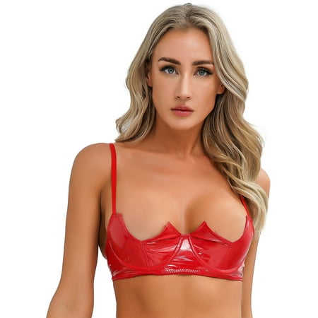Yeahdor Womens Half Cup Bra Underwired Brassiere Exotic Wet Look Patent Leather Bralette Lingerie Red S