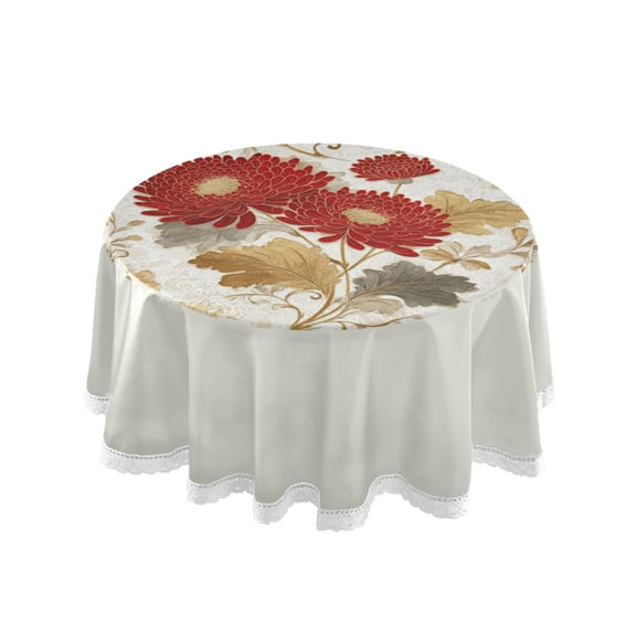 60 Inch Round Tablecloth with White Lace Trim Fall Table Cover for Elegant Dining Decor Red Chrysanthemum Pattern
