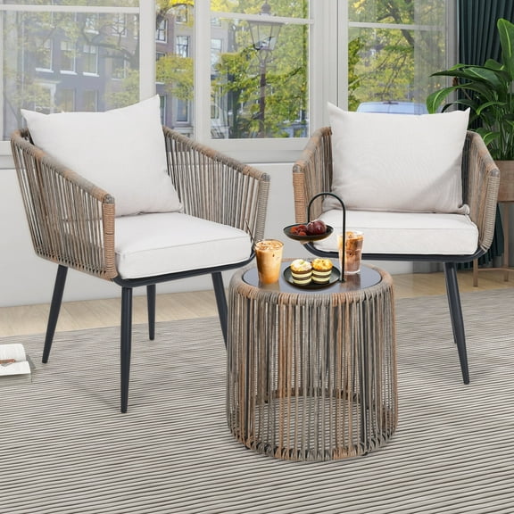 TUAREX 3-Piece Outdoor Rattan Bistro Set, All-Weather Wicker Patio Furniture with Glass Tabletop for Balcony, Porch and Backyard，Beige