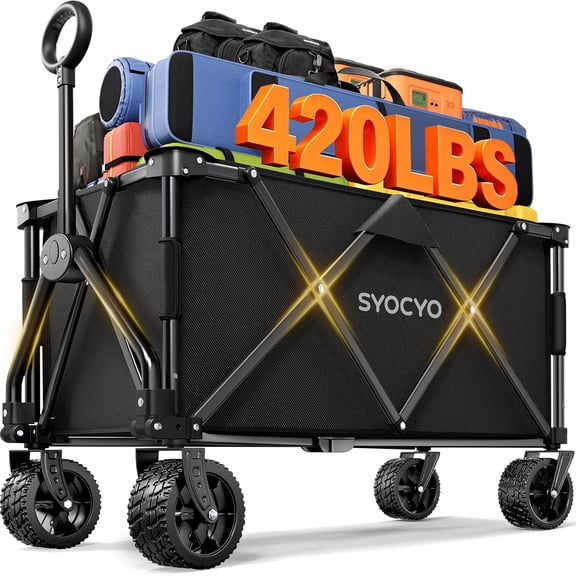 Heavy Duty 420lbs Folding Wagon Cart with All-Terrain Wheels & Telescoping Handle – Portable Outdoor Utility Cart for Camping, Beach, Garden & Shopping with Reinforced Steel Frame and Side Storage,多色