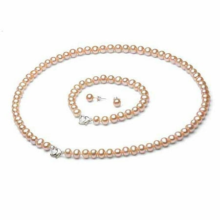 7-8mm Pink Freshwater Pearl-Heart Shape Sterling Silver Necklace (18), Bracelet (7) Set with Bonus Pearl Stud Earrings