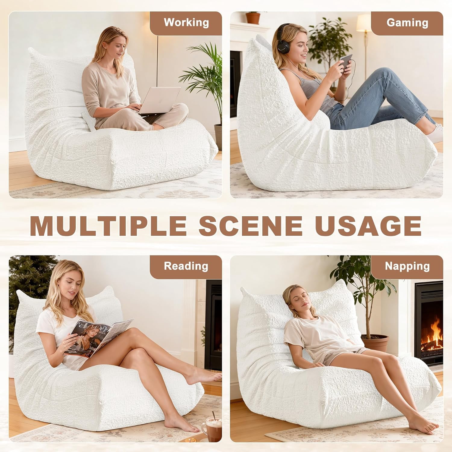 Bean Bag Chair for Adults - Large Bean Bag with Lumbar Pillow, Oversized Chenille Boneless Chair with High-Rebound Memory Foam, Lazy Floor Sofa for Reading, Gaming, Living Room, Bedroom, White