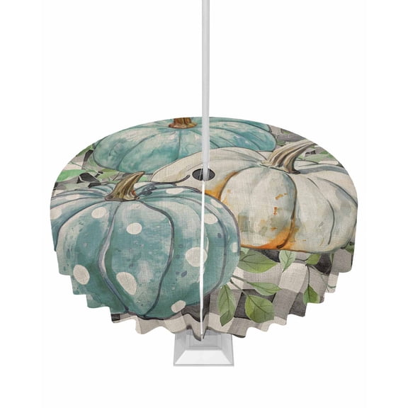 Fsddascl Aqua White Pumpkins Fall Outdoor Tablecloth - 60 Inch Round Dining Table Cover, Black Plaid Thanksgiving Waterproof Outdoor Table Cloth with Umbrella Hole & Zipper for Picnic/Patio/Party