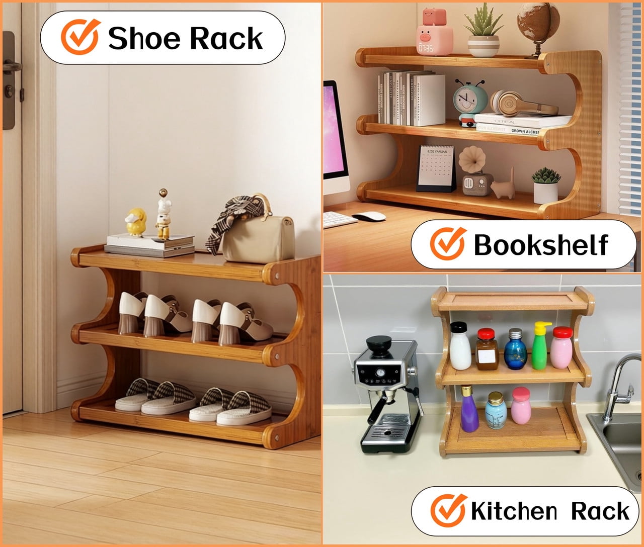 Howcool 3-Tier Bamboo Shoe Rack, Shoes Shoe Organizer, Freestanding Storage Shelf