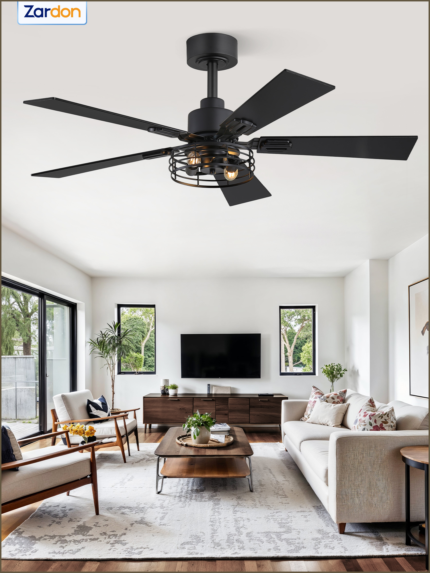 Zardon 42" Black Farmhouse Ceiling Fans with Light and Remote, Industrial Caged Fans with Quiet DC Motor, 6-Speed for Bedroom, Living Room, Indoor