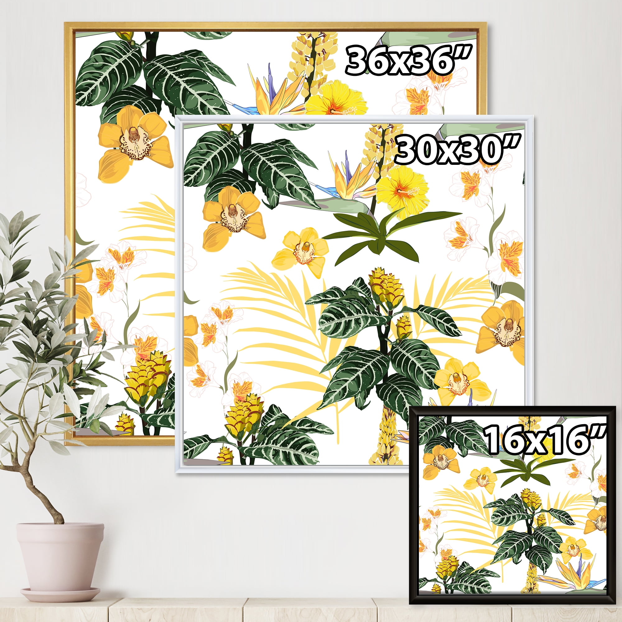 Designart 'Pattern Of Beautiful Yellow Flowers ' Modern Framed Canvas Wall Art Print