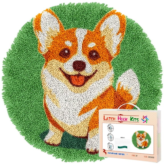 Latch Hook Rug Kit Cute Corgi Dog Stamped Handmade Round Shape Carpet Crochet Yarn Craft DIY Hook and Latch Door Mat Tapestry for Home Floor Decor 50x50cm(8)