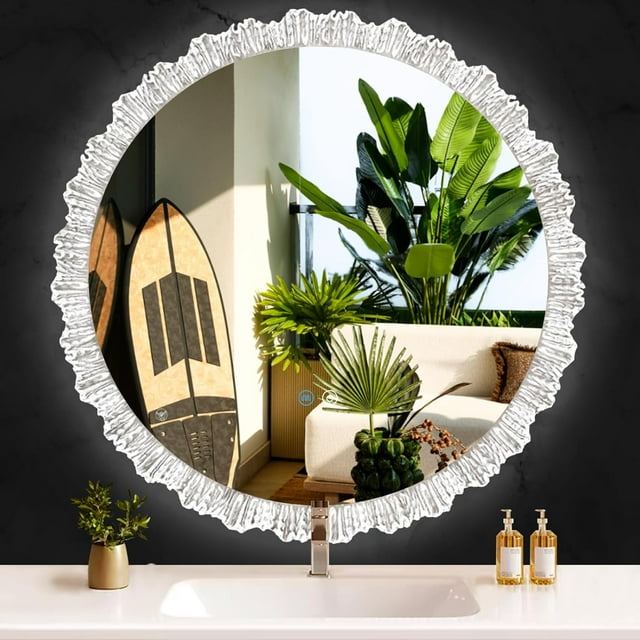 TiliKuly Miroir de Meuble-Lavabo Rond 24 Pouces Fleur de Glace Cristal avec Lumières 3 Couleurs Dimmables Anti-Buée 24 Pouces Rétroéclairé Miroir Rond Éclairé pour Salle de Bain Mur Maquillage Cercle LED Miroir de Meuble-Lavabo avec Rétroéclairages Cristal