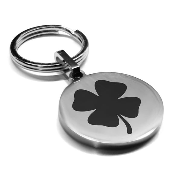 Stainless Steel Four Leaf Clover Good Luck Charm Round Medallion Keychain Circle Ring