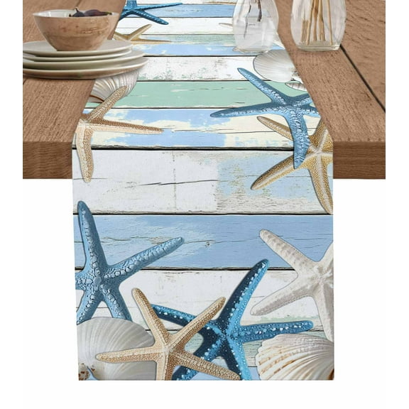 Table Runner Dresser Scarf 13 x 72 Inch Blue White Shell Starfish Blue Green Wood Grain Summer Coastal Table Runners Non-Slip Heat Kitchen Dining Table Decor for Indoor Outdoor Home Party Decoration