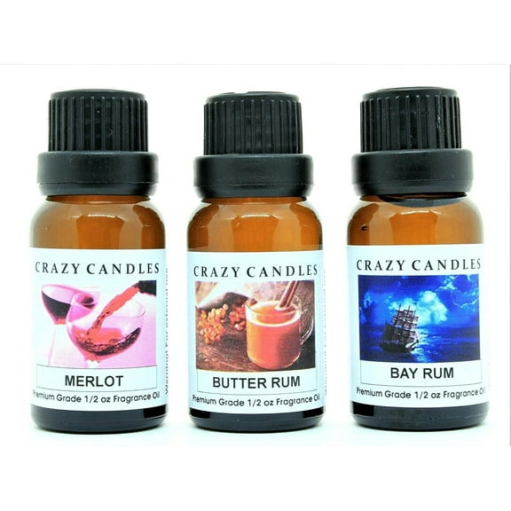 Crazy Candles 3 Bottles Set, 1 Merlot, 1 Bay Rum, 1 Butter Rum 1/2 fl oz Each (15ml) Premium Grade Scented Fragrance Oils (MADE IN USA)