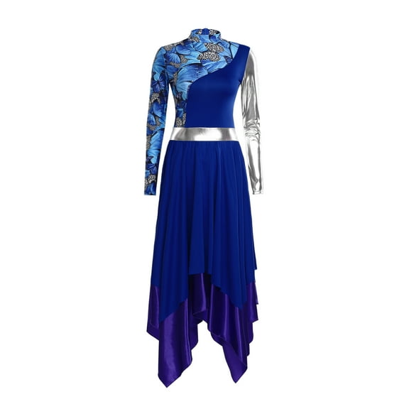 Yruioon Praise Dance Dresses for Women Stylish Color Block Overlays Tunics Irregular Worship Dance Dress Blue L