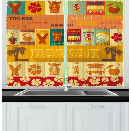 Card Slot Filler Panel Tiki Bar Curtains 2 Panels Set, Retro Travel Cards Collection Holiday in Hawaii Icons Summer Season Vintage Print, Window Drapes for Living Room Bedroom, 55W X 39L Inches, Multicolor, by Ambesonne ()