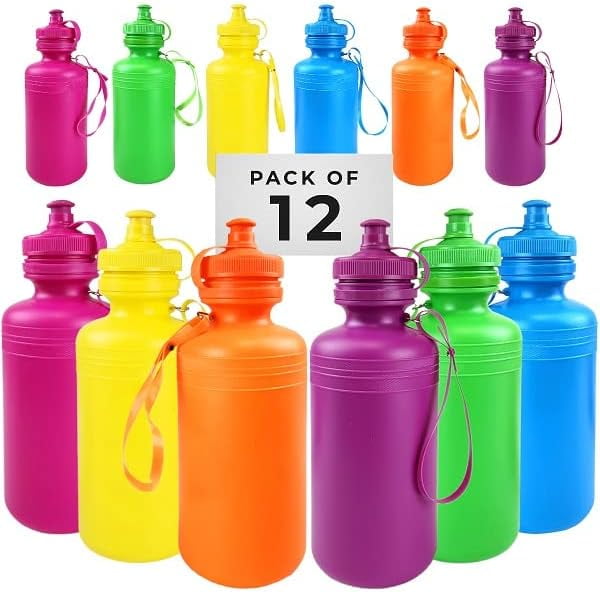 12 Water Sports Bottles For Bike Kids Water Bottles Bulk Pack, Wrist Strap Awesome Summer