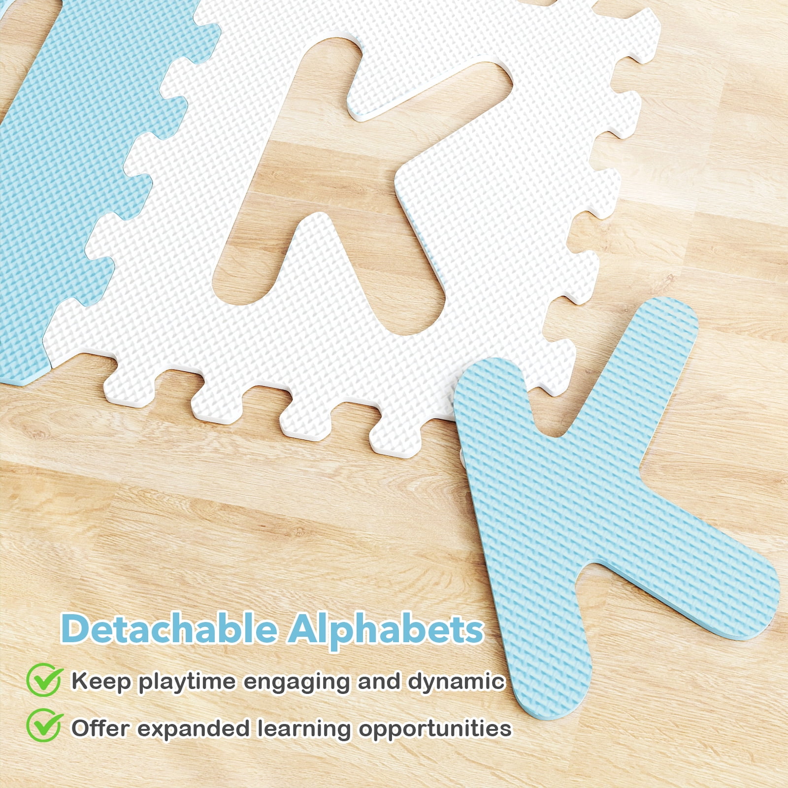 Gymax 26 PCS 12 5'' x 12 5'' Interlocking ABC Play Mats w/Detachable Letters for Kids Blue & White
